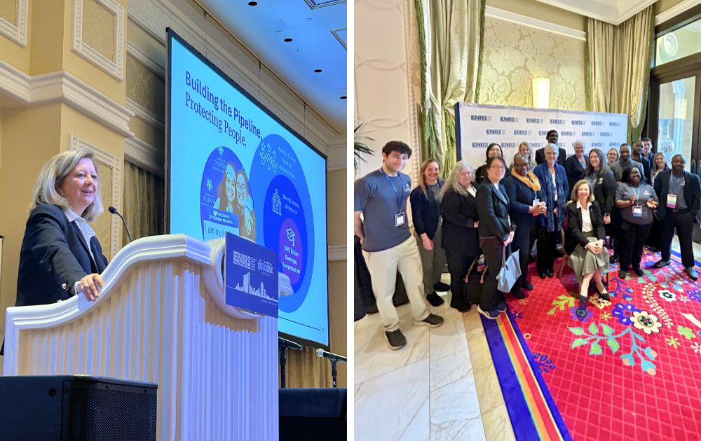 Side-by-side grid of two photos: one of the Dean presenting a keynote on a stage; and a large group photo of URochester conference attendees in front of an ENRS banner