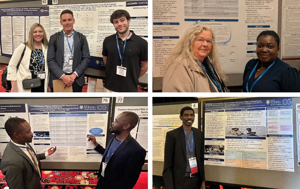 Grid of four photos with presenters smiling in front of research posters